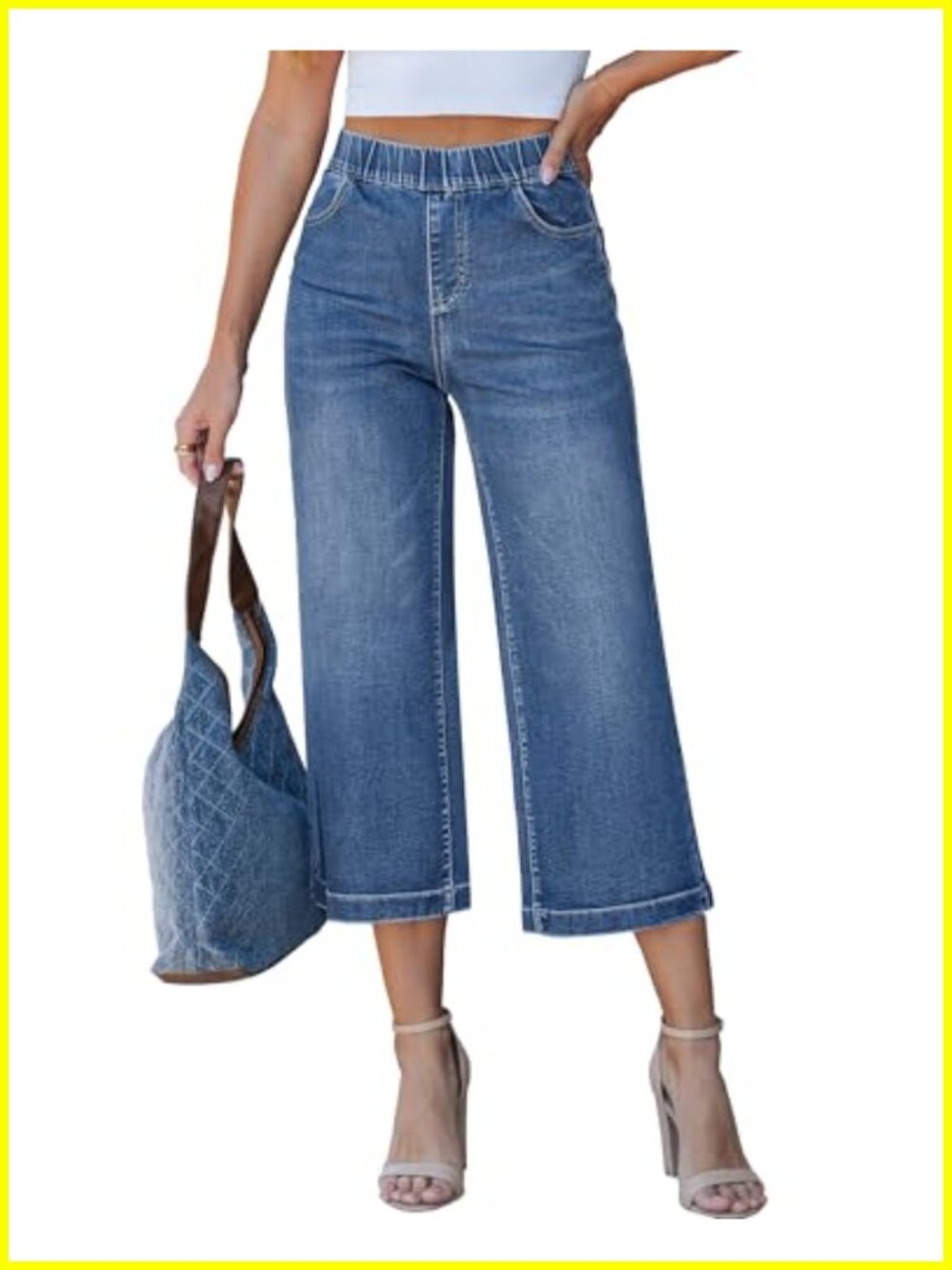 Women's Wide Leg High Waisted Pull On Elastic Waist Stretch Denim Capris Jeans